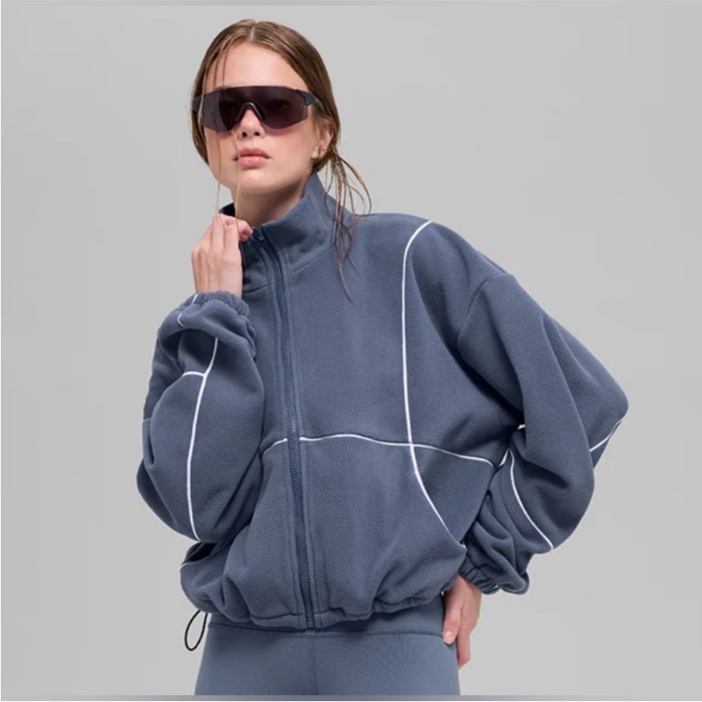 Alo Yoga Polar Fleece Game Time Full Zip Jacket Blue Stone White NWT Small
